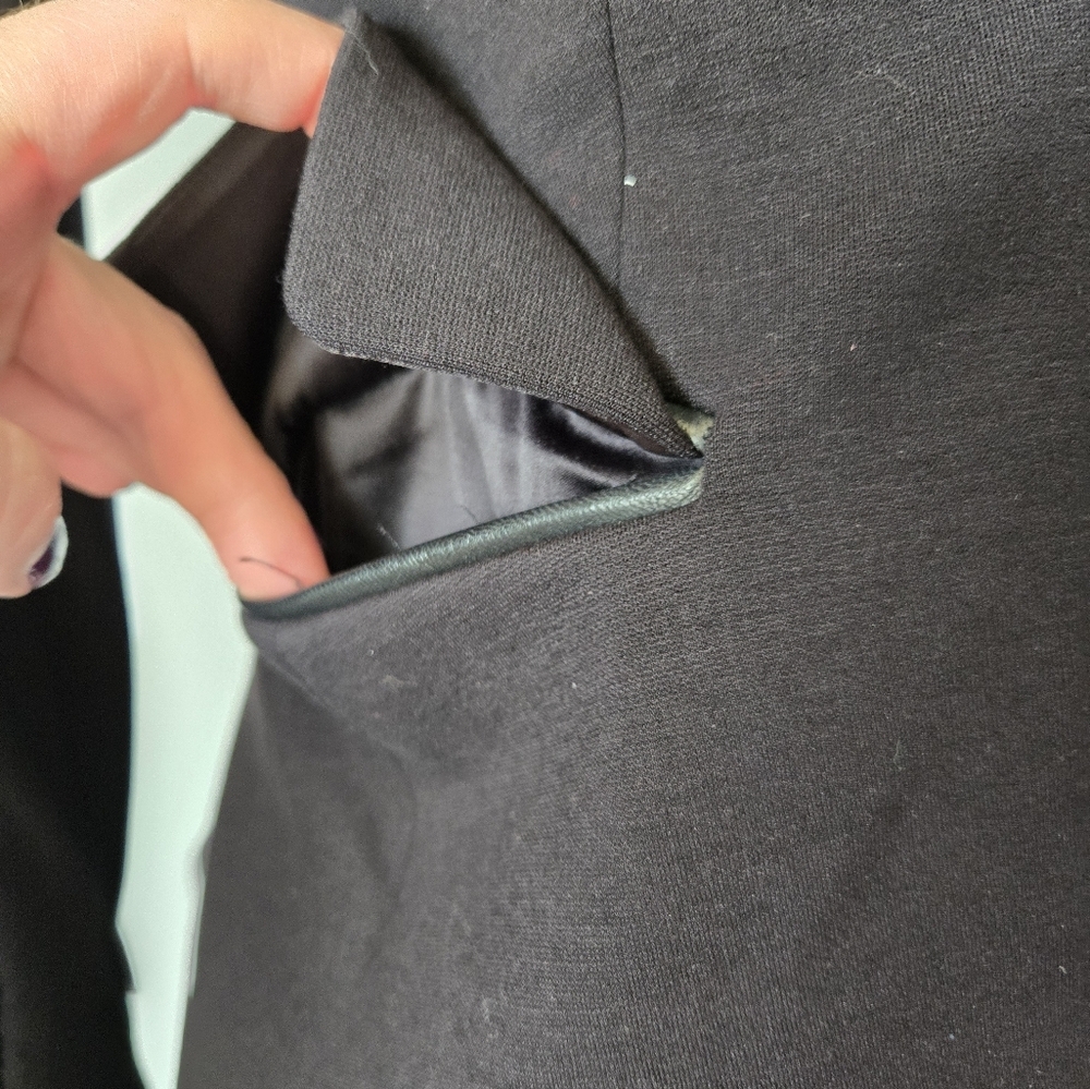GUESS BY MARCIANO Black Fitted Blazer with Genuine Leather Sleeves, Back Ruffle. - Picture 4 of 15